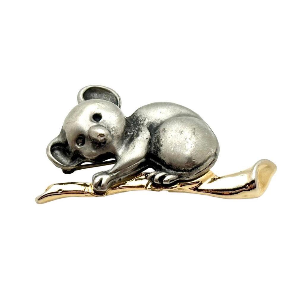 Vintage Koala Brooch Silver Tone Gold Branch Animal Pin